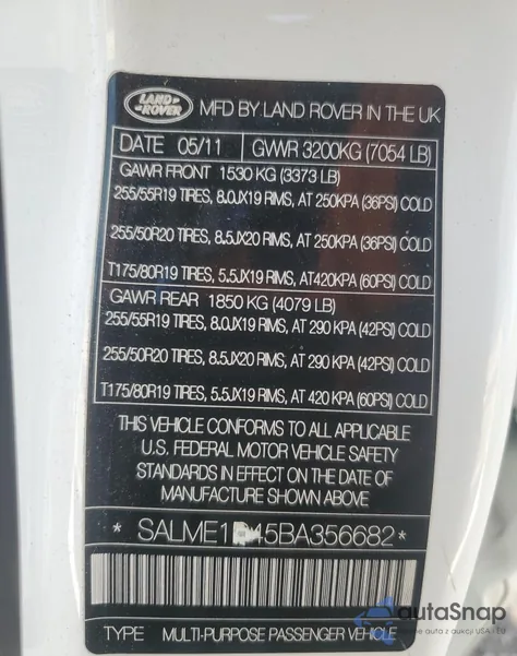 2011 Land Rover Range Rover Hse from USA, damaged, VIN SALME1D45BA356682